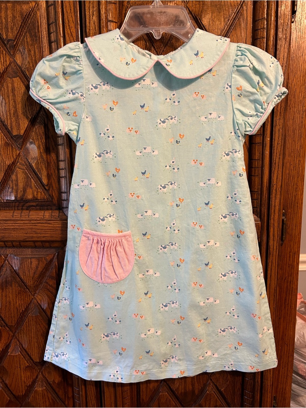 Light Aqua Girls' Dress with Pink Pocket